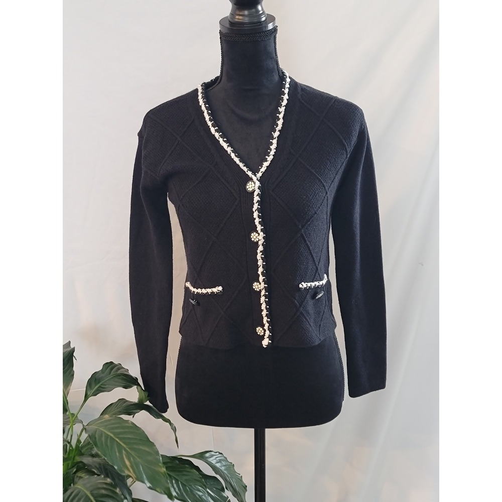 Laundry by Shelli Segal Black Diamond Knit Cardigan Contrast Trim XS